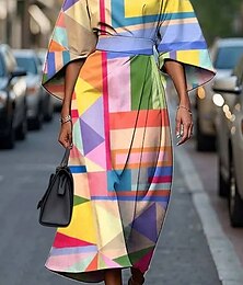 ieftine -Pentru femei Rochie Lunga Rochie Maxi Rochie casual Rochie de vară Modă Modern Zilnic Dată Sfârșit de săptămână Fit regulat Geometric Lungime Manșon 3/4 Stil Nautic Albastru piscină Mov Kaki Curcubeu