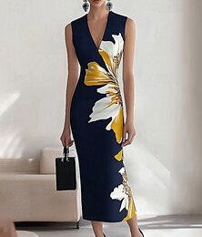 abordables -Femmes Robe Midi Robe Fleurie Robe Imprimée Élégant Mode Extérieur Vacances Fête Coupe régulière Fleur Sans manches Col en V bleu marine Été