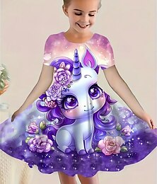 halpa -Tyttöjen 3D Yksisarvinen Mekko Lyhythihainen Kesä Kevät Loma Päivittäin Pyhäpäivä Prinsessa Kaunis Makea Lapset 4-12 vuotta Rento mekko Polvipituinen Normaali