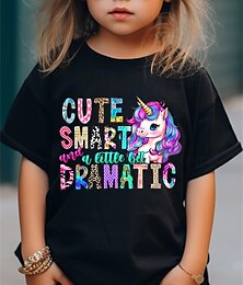 economico -100% Cotone Bambini Ragazze Nero Unicorno Lettere Maglietta Girocollo Manica Corta All'aperto Vacanza Quotidiano Classico Casual Stampato Estate