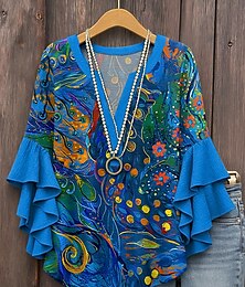 abordables -Blusa de Mujer con Mangas de Volantes Capas Estilo Gráfico Geométrico Vintage Diaria Elegante Manga 3/4 Cuello en V Tops Regulares Diarios Uso en Vacaciones Print Rojo Azul Púrpura Verde Verano