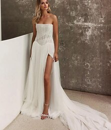 economico -Abito da sposa da spiaggia a vita bassa abito corsetto piccoli abiti bianchi formali abiti da matrimonio A-Line senza maniche con strascico corti in tulle per le spose con arricciature e pieghe