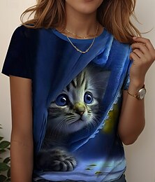 abordables -Mujer Camiseta Graphic Animal Gato Vintage Elegante Clásico Manga Corta Cuello Barco Tops regulares Diario Fin de semana Estampado Azul Piscina Morado Verde Trébol Verano Primavera