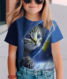Недорогие -Девочки 3D Кот Футболка С короткими рукавами Лето Весна Мода Классический Дети 4-12 лет Вырез под горло на открытом воздухе Повседневные Стандартный