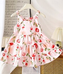 billiga -Barn Flickor Klänning Blomma Ärmlös Utomhus Rynkad Förtjusande Grundläggande Bomull Knälång Vardagsklänning Blommig klänning Sommar 4 år + Rodnande Rosa Rubinrött Marinblå