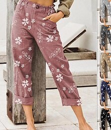 economico -Per donna Pantaloni in cotone e lino Moda Streetwear Lunghezza intera Naturale Fiore Tasca Elastico in vita Stampa Comodo All'aperto Confortevole Vacanza Streetwear Nero Rosa Blu Cachi Estate