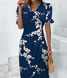 ieftine -Pentru femei Rochii Midi Rochie împachetată Rochie de vară Vacanță Casual Stiluri de Plajă Zilnic Concediu Ieșire Fit regulat Floral Grafic Manșon scurt În V Albastru piscină Mov Trifoi Vară Primăvară