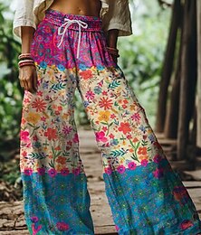 abordables -Mujer Perneras anchas Chinos Pantalones anchos Vacaciones Vintage Estilo Étnico Longitud total Alta cintura Floral Graphic Estampado Mantiene abrigado Transpirable Suave Microelástico Vacaciones
