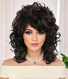 cheap -1970s Shoulder Length Synthetic Hair Wig for Women Mix Brown Wavy Curly Wig with Bangs Thick Bouncy Chocolate Brown Hair Replacement Wig Costume Party Daily Use