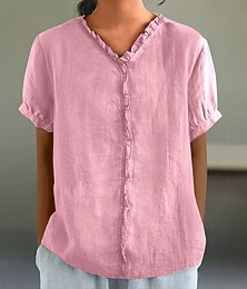 olcso -Női pamutvászon blúz egyszínű elegáns hétköznapi rövid ujjú V-nyakú normál felsők mindennapi ünnepi rakott fekete fehér rózsaszín lila zöld nyár