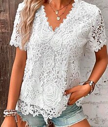 economico -T Shirt Donna Colore Solido Grafico Piena Moda Moderna Casual Manica Corta V Neck Top Normale Quotidiano Weekend Pizzo Patchwork Nero Bianco Rosa Rosso Estate