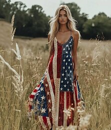 abordables -Robe maxi patriotique pour femmes robe de soleil robe en A robe de glissement vacances décontractée sortie plage coupe régulière graphique étoiles et bandes drapeau national sans manches col en V