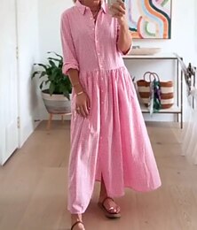 abordables -Femmes Robe Midi Robe à carreaux Robe Chemise Classique Moderne Vacances Quotidien Fête Coupe régulière Plaid manche longue Col de chemise Rose Claire Été