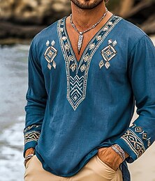 preiswerte -Herren Hemd leinenhemd Wikinger-Stil Sommerhemd Strandbekleidung Piratenhemd Einfarbig Urlaub Straße Blau Langarm Hemdkragen Sommer Frühling Bekleidung Kordelzug