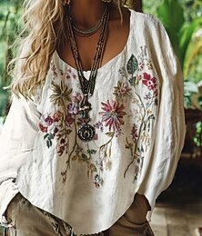 ieftine -Bluză western pentru femei, cămașă boho, bluză cu imprimeu floral, modern, casual, mânecă lungă, decolteu în V, topuri regulate, zilnic, vacanță, ieșiri în oraș, imprimeu, alb, roz, albastru, violet, verde, vară, toamnă