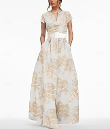 preiswerte -A-Linie Abendkleid Elegant Kleid Formell Hochzeit Bodenlang Kurzarm V Ausschnitt Gürtel / Schärpe Nylon mit Schlitz Tasche 2025