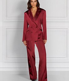 economico -Tuta a Due Pezzi  Completo Completo per Madre della Sposa Giacca Doppiopetto Elegante Vintage Semplice Collo a V Lunghezza Piedi Satin Stretch Maniche Lunghe con Bottoni Coperti