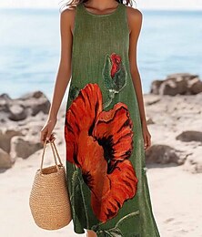 abordables -Femmes Robe maxi Robe d'Été Robe fourreau Robe à épaules dénudées Occasionnel Sortir Plage Coupe régulière Fleuri Graphique Sans manches Col en V Vert Été Printemps