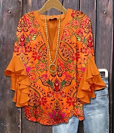 economico -Blusa da donna con maniche a strati e arricciate top floreale grafico vintage Bohemia quotidiano maniche a 3/4 scollatura a V top regolari abbigliamento quotidiano per le vacanze stampa rosa rossa
