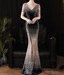 billige -Havfrue  Trompet Quinceanera Kjoler Elegant Kjole Formell Bryllup Gulvlengde Uten Ermer V-hals Polyester med Paljetter