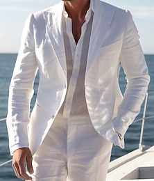 economico -Abiti casual da uomo in lino, bianchi, leggeri, estivi, semi-foderati, tinta unita, vestibilità standard, 2 pezzi, monopetto, due bottoni.