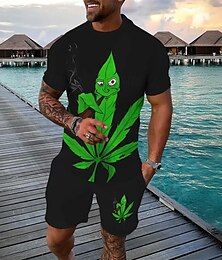 baratos -Homens Padrão de plantas 2pcs Conjuntos de camisetas Tops de verão Manga Curta Calças curtas Gola Redonda Desporto Casual Na moda Férias Esporte Diário Impressão 3D Verão Preto Verde