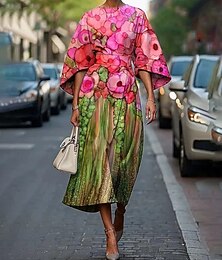 olcso -Női Midi ruha Virágos ruha Nyomtatott ruha Elegáns Divat Szabadtéri Vakáció Alkalmi Normál Virág Féhosszú Terített nyak Arcpír rózsaszín Barack Lóhere Sötétkék Nyár