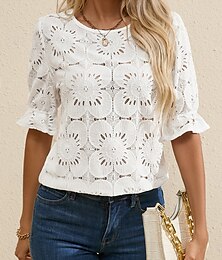economico -Per donna Maglietta Semplice Moda Moderno Casual Mezza Manica Girocollo Top Regolari Quotidiano Weekend Volant Nero Bianco Estate