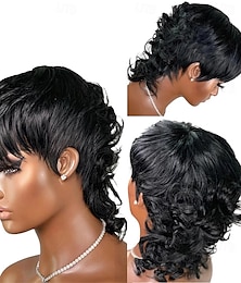 billige -Mullet-parykker for svarte kvinner syntetisk parykk krøllete bølger svalehalefrisyre pixie-frisyre parykk for kvinner mullet lagdelt pixie-frisyre parykk