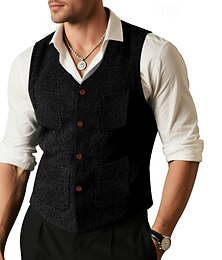abordables -Hombre Chaleco Exterior Negocio Diario Moda Casual Primavera Otoño Botones Bolsillo Poliéster Cómodo Plano Recto 1 botón Escote en Pico Ajuste regular Negro Gris Ligero Chaleco
