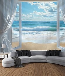 preiswerte -Fenstervorhänge Ozeanwellen Kokospalmen Landschaft Wandteppiche Dekorative Kunst Decken Vorhänge hängende Dekoration für Zuhause Schlafzimmer Wohnzimmer
