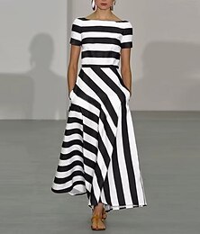 economico -Per donna Abito Lungo Maxi Abito Vestito Casual Vestito a ruota Moda All'aperto Feste Ferie Vestibilità regolare A righe Manica Corta Senza Spalle Nero Rosso Blu Estate