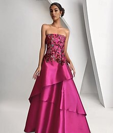 economico -Abito da sera a trapezio con perline rosa shocking, vita scesa, asimmetrico, a strati, formale, semi-formale, da sposa, lungo fino al pavimento, senza maniche, in raso 2025