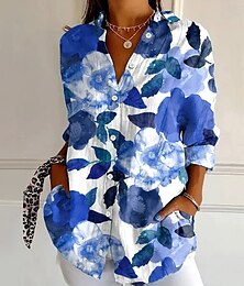 economico -Per donna Camicia Floreale Grafico Foglia Vintage Tropicale Quotidiano Manica Lunga Colletto a Camicia Top Regolari Lavoro Quotidiano Ferie Bottoni Stampato Blu Estate Primavera