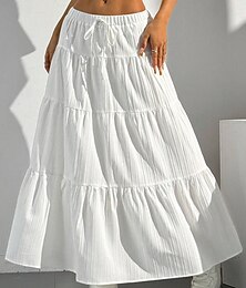 abordables -Femmes Jupe Évasé Mode Maxi Taille Basse Jupes Uni Froncé Cordon de serrage Micro-Élastique Vacances Sortir Noir Blanche Rouge Marron Été Polyester
