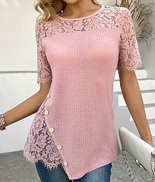 economico -Per donna Blusa Tinta unica Elegante Manica Corta Scollo a V Top Regolari Quotidiano Ferie Uscire Pizzo Patchwork Bottoni Rosa Estate