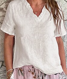 abordables -Chemisier en coton et lin pour femme, couleur unie, élégant, décontracté, manches courtes, col en V, régulier, quotidien, vacances, volants, noir, blanc, jaune, rose, bleu, été, printemps