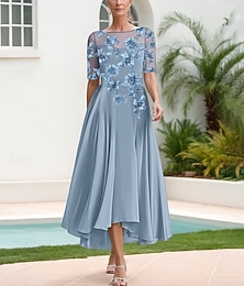 economico -Abito da sposa madre a A in pizzo ricamato floreale Elegante semplice lussuoso colletto a barca lunghezza massima in satin pizzo mezza manica