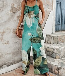 abordables -Mujer Normal Mono Ropa de calle Floral Sin Mangas Escote en U Bolsillo Estampado Noche Fin de semana Ajuste regular Verde Trébol Verano