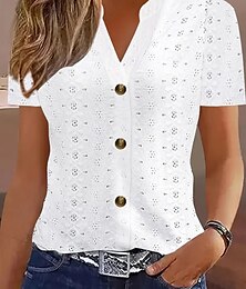 economico -T Shirt da Donna Colore Unito Semplice Base Moderna Casual Manica Corta Collo a V Top Quotidiani Weekend Bottoni Occhielli Bianco Bordeaux Fucsia Khaki Estate