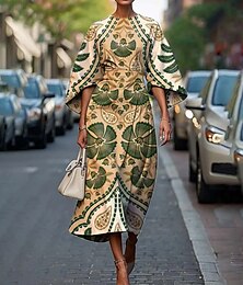 ieftine -Pentru femei Rochii Midi Rochie florala Modă Clasic Modern Vacanță Zilnic Concediu Fit regulat Floare Manșon Jumate Stil Nautic Negru Verde Deschis Albastru piscină Verde Smarald Vară
