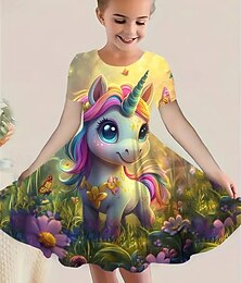 billiga -Flickor 3D Enhörnings Klänning Kortärmad Sommar Vår Semester Dagligen Helgdag Prinsessa Skön Ljuv Barn 4-12 år Vardagsklänning Knälång Normal