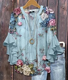 abordables -Mujer Blusa Floral Graphic Bohemia Vintage Diario Manga 3/4 Mangas anchas Escote en Pico Tops regulares Diario Festivos Ropa de vacaciones Volante Estampado Azul Piscina Azul claro Verano Primavera
