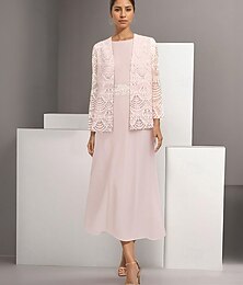 levne -Dvoudílné A-line šaty pro matku nevěsty elegantní jednoduché casual výstřih do lodičky délka ke kotníkům šifon dlouhý rukáv s krajkou