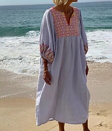 abordables -Femmes Robe maxi Robe fourreau Occasionnel Plage Coupe régulière Fleuri Manche 3/4 Col en V Blanche Jaune Bleu Vert Été