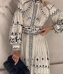 economico -Per donna Abito Midi Abiti in cotone e lino Vestito Casual Moda All'aperto Feste Ferie Vestibilità regolare Geometrico Manica Corta Collo alla coreana Bianco Estate