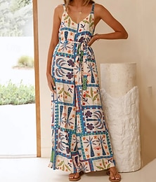 abordables -Mujer Normal Mono Casual Floral Sin Mangas Perneras anchas Escote en Pico Estampado Calle Diario Ajuste regular Azul Piscina Verano