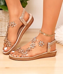 abordables -Sandales plates à strass et fleurs pour femmes - Chaussures d'été décontractées et confortables à brides en T pour un usage quotidien et des rendez-vous romantiques en journée