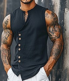 economico -Per uomo Camicia Camicia di lino Camicia Estiva Camicia da Spiaggia Camicia vintage Maglietta senza maniche Semplice Quotidiano Abbigliamento casual alla moda Nero Bianco Azzurro cielo Cachi Senza