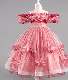 preiswerte -Kinder Mädchen Partykleid Blume Kurzarm Hochzeit Besonderer Anlass Pailletten Gerafft Reißverschluss Prinzessin Süß Polyester Maxi Partykleid Sommer Frühling Herbst 4-12 Jahre Rote Purpur Grau